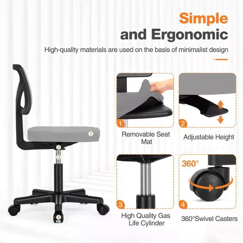 Chaise de bureau moderne à dossier bas en maille, avec roulettes, fauteuil de travail pivotant et réglable pour bureau, bureau à domicile, coiffeuse