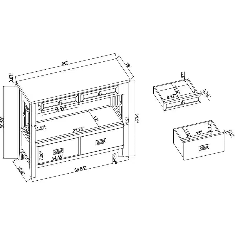 Console de 91 cm, Meuble d'entrée style ferme, Buffet en bois massif, Table de canapé avec 4 tiroirs et 1 étagère de rangement pour entrée, couloir, cuisine