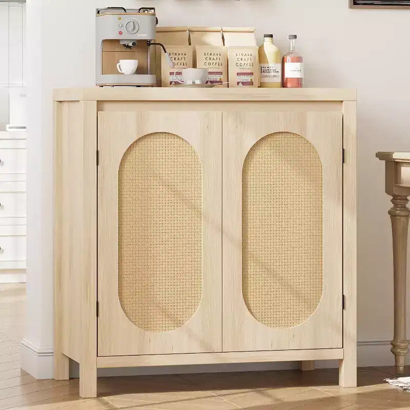Coolmee Mid Century Sideboard Buffet - Retro Storage Cabinet with Rattan Doors & Adjustable Shelf, Accent Console for Living Room, Dining Room