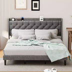King Upholstered Bed Frame with Wingback Headboard, Linen Upholstery - Deep Button Tufted, Storage Shelf