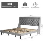 Cadre de lit King tapissé avec tête de lit à oreilles, revêtement en lin – capitonnage profond, étagère de rangement