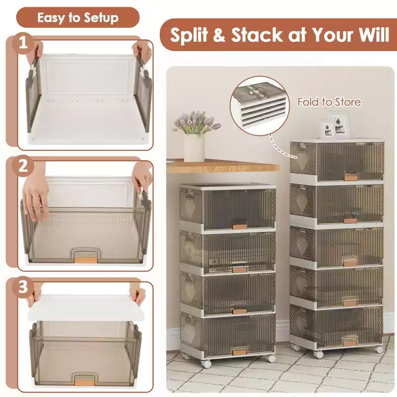 5 bacs de rangement empilables avec roues détachables 85 L Grand organisateur
