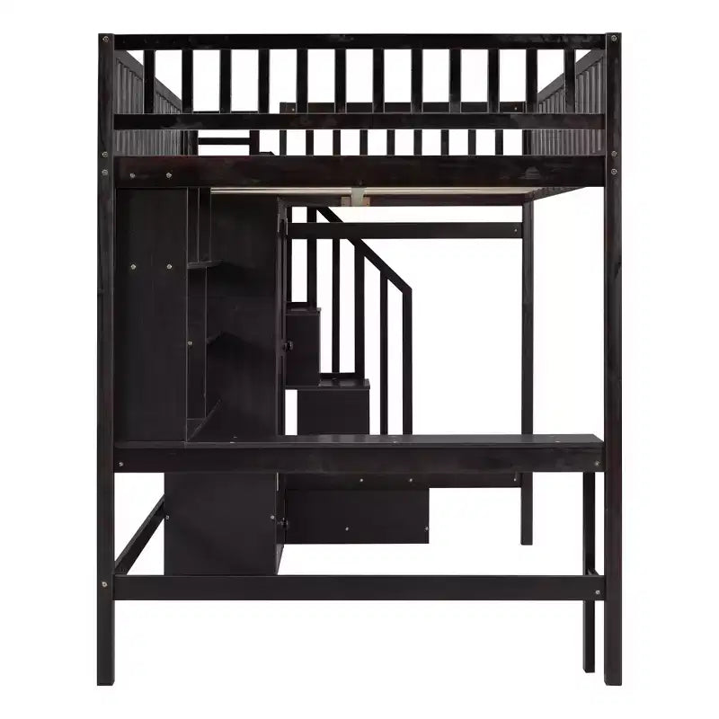 Lit mezzanine pleine taille avec armoire et bureau intégré, cadre de lit mezzanine en bois massif avec escalier et étagère de rangement pour enfants