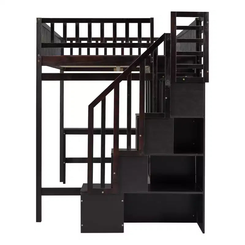 Lit mezzanine pleine taille avec armoire et bureau intégré, cadre de lit mezzanine en bois massif avec escalier et étagère de rangement pour enfants