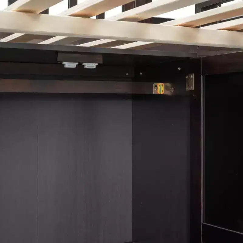 Lit mezzanine pleine taille avec armoire et bureau intégré, cadre de lit mezzanine en bois massif avec escalier et étagère de rangement pour enfants