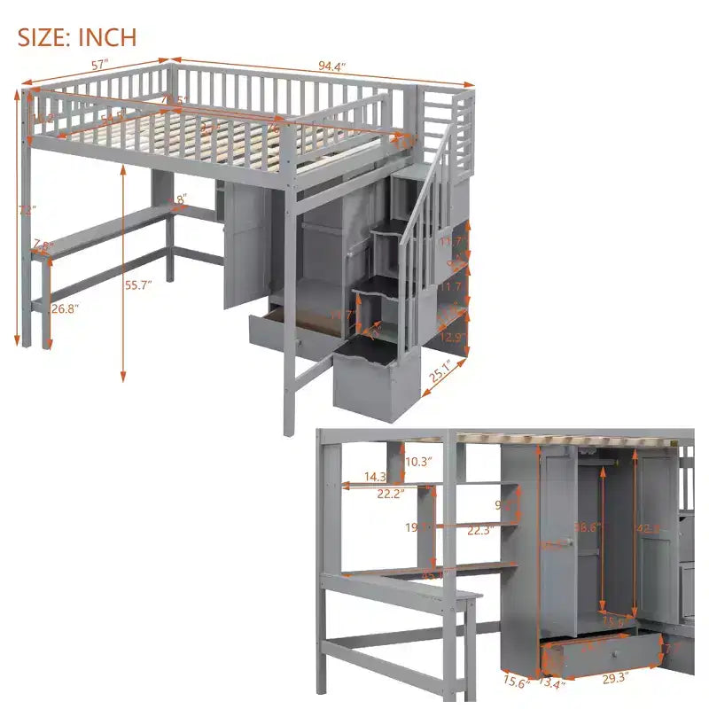 Lit mezzanine pleine taille avec armoire et bureau intégré, cadre de lit mezzanine en bois massif avec escalier et étagère de rangement pour enfants