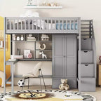 Lit mezzanine pleine taille avec armoire et bureau intégré, cadre de lit mezzanine en bois massif avec escalier et étagère de rangement pour enfants