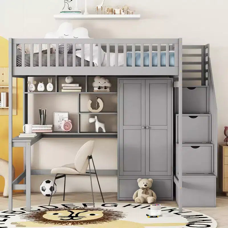 Lit mezzanine pleine taille avec armoire et bureau intégré, cadre de lit mezzanine en bois massif avec escalier et étagère de rangement pour enfants