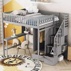 Lit mezzanine pleine taille avec armoire et bureau intégré, cadre de lit mezzanine en bois massif avec escalier et étagère de rangement pour enfants