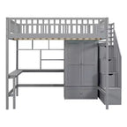 Lit mezzanine pleine taille avec armoire et bureau intégré, cadre de lit mezzanine en bois massif avec escalier et étagère de rangement pour enfants