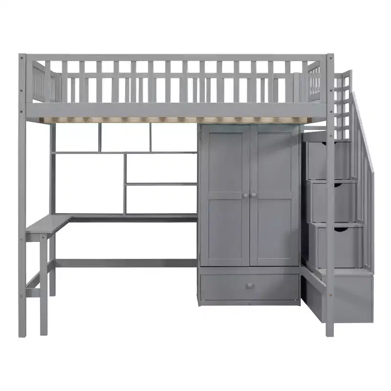 Lit mezzanine pleine taille avec armoire et bureau intégré, cadre de lit mezzanine en bois massif avec escalier et étagère de rangement pour enfants