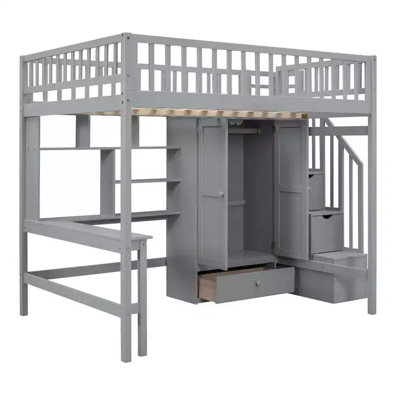 Lit mezzanine pleine taille avec armoire et bureau intégré, cadre de lit mezzanine en bois massif avec escalier et étagère de rangement pour enfants