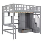Lit mezzanine pleine taille avec armoire et bureau intégré, cadre de lit mezzanine en bois massif avec escalier et étagère de rangement pour enfants