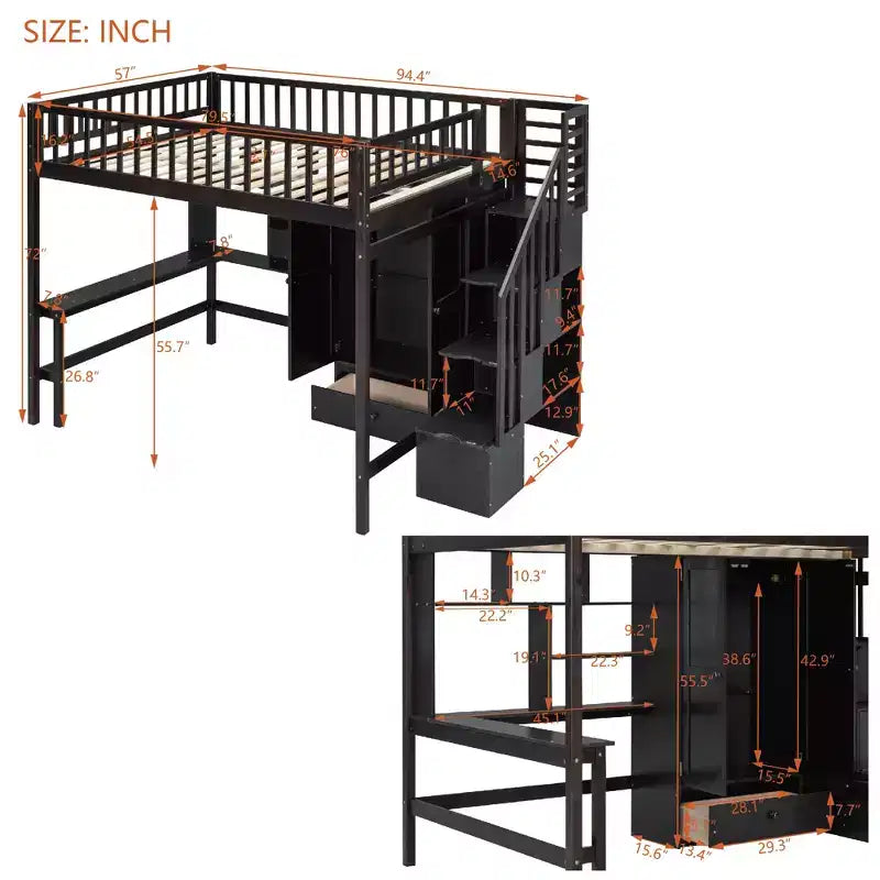 Lit mezzanine pleine taille avec armoire et bureau intégré, cadre de lit mezzanine en bois massif avec escalier et étagère de rangement pour enfants