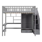 Lit mezzanine pleine taille avec armoire et bureau intégré, cadre de lit mezzanine en bois massif avec escalier et étagère de rangement pour enfants
