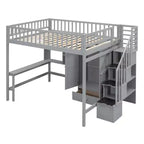 Lit mezzanine pleine taille avec armoire et bureau intégré, cadre de lit mezzanine en bois massif avec escalier et étagère de rangement pour enfants