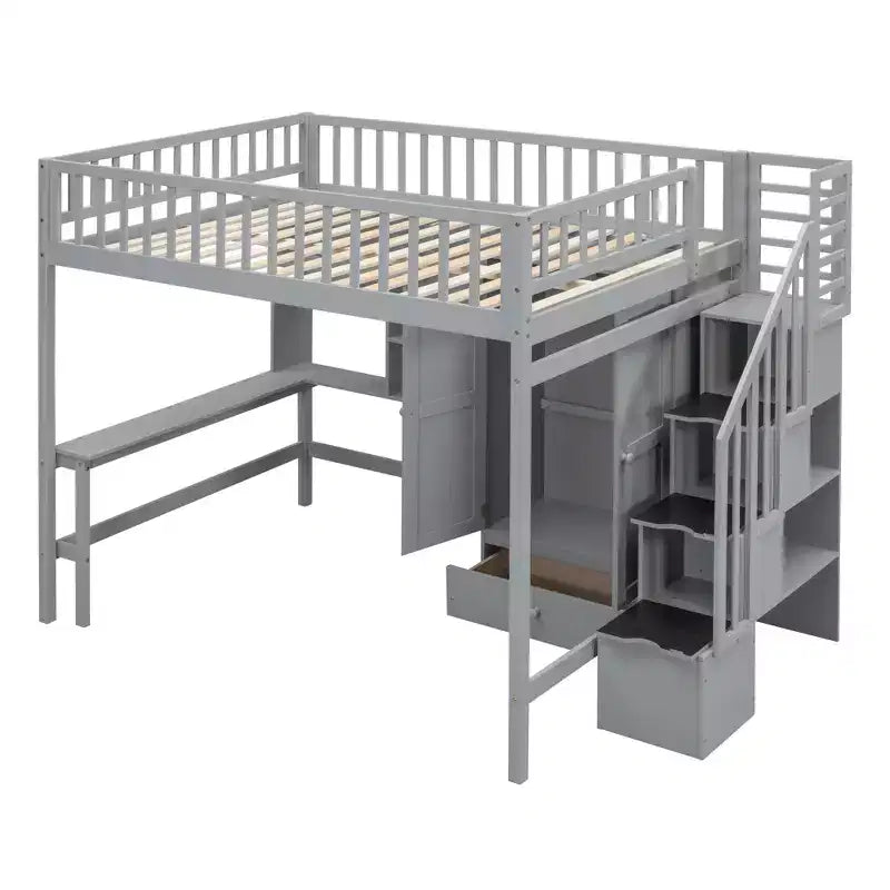 Lit mezzanine pleine taille avec armoire et bureau intégré, cadre de lit mezzanine en bois massif avec escalier et étagère de rangement pour enfants