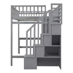 Lit mezzanine pleine taille avec armoire et bureau intégré, cadre de lit mezzanine en bois massif avec escalier et étagère de rangement pour enfants