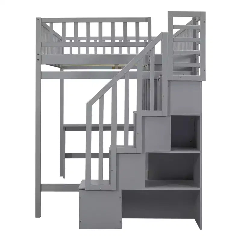 Lit mezzanine pleine taille avec armoire et bureau intégré, cadre de lit mezzanine en bois massif avec escalier et étagère de rangement pour enfants