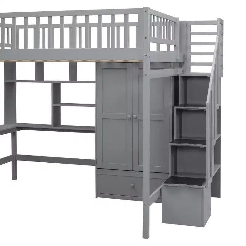 Lit mezzanine pleine taille avec armoire et bureau intégré, cadre de lit mezzanine en bois massif avec escalier et étagère de rangement pour enfants
