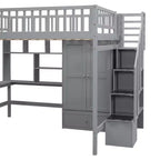 Lit mezzanine pleine taille avec armoire et bureau intégré, cadre de lit mezzanine en bois massif avec escalier et étagère de rangement pour enfants