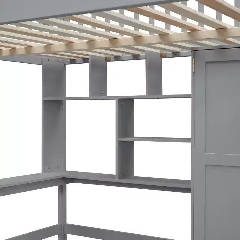 Lit mezzanine pleine taille avec armoire et bureau intégré, cadre de lit mezzanine en bois massif avec escalier et étagère de rangement pour enfants