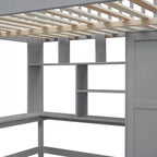 Lit mezzanine pleine taille avec armoire et bureau intégré, cadre de lit mezzanine en bois massif avec escalier et étagère de rangement pour enfants