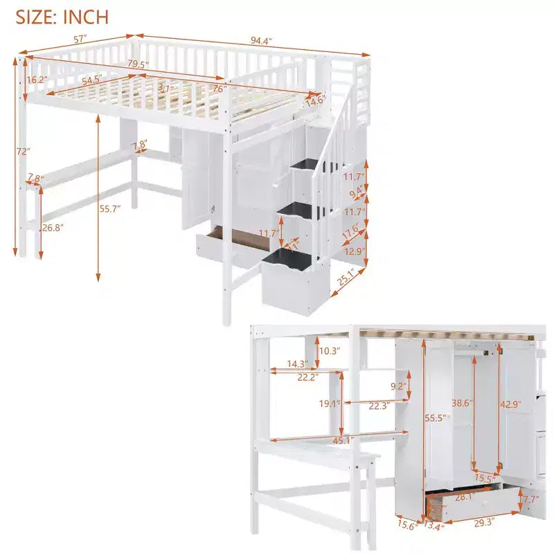 Lit mezzanine pleine taille avec armoire et bureau intégré, cadre de lit mezzanine en bois massif avec escalier et étagère de rangement pour enfants