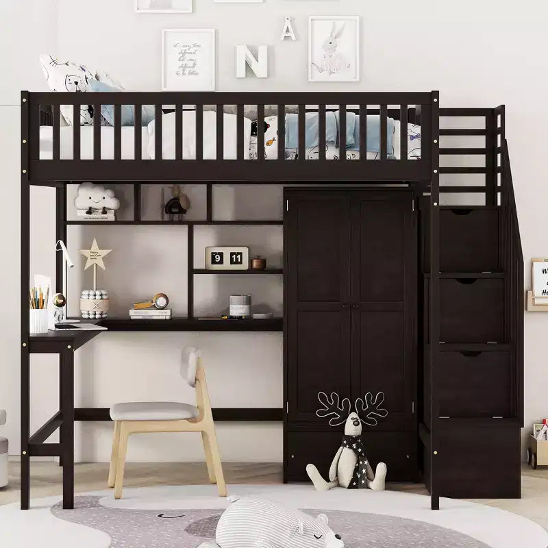 Lit mezzanine pleine taille avec armoire et bureau intégré, cadre de lit mezzanine en bois massif avec escalier et étagère de rangement pour enfants