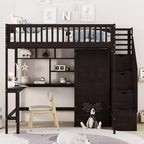 Lit mezzanine pleine taille avec armoire et bureau intégré, cadre de lit mezzanine en bois massif avec escalier et étagère de rangement pour enfants