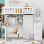 Lit mezzanine pleine taille avec armoire et bureau intégré, cadre de lit mezzanine en bois massif avec escalier et étagère de rangement pour enfants