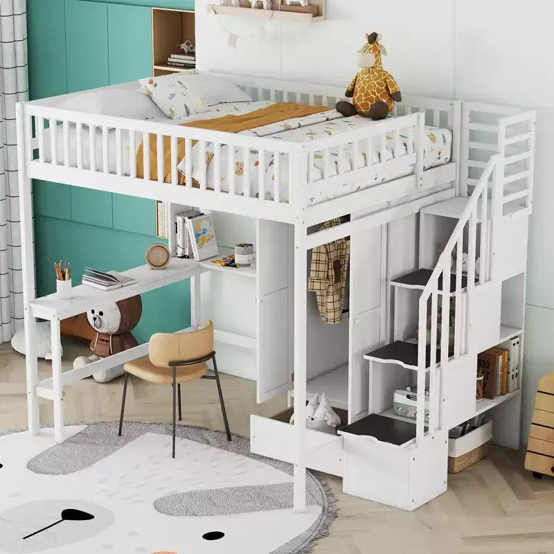Lit mezzanine pleine taille avec armoire et bureau intégré, cadre de lit mezzanine en bois massif avec escalier et étagère de rangement pour enfants