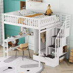 Lit mezzanine pleine taille avec armoire et bureau intégré, cadre de lit mezzanine en bois massif avec escalier et étagère de rangement pour enfants