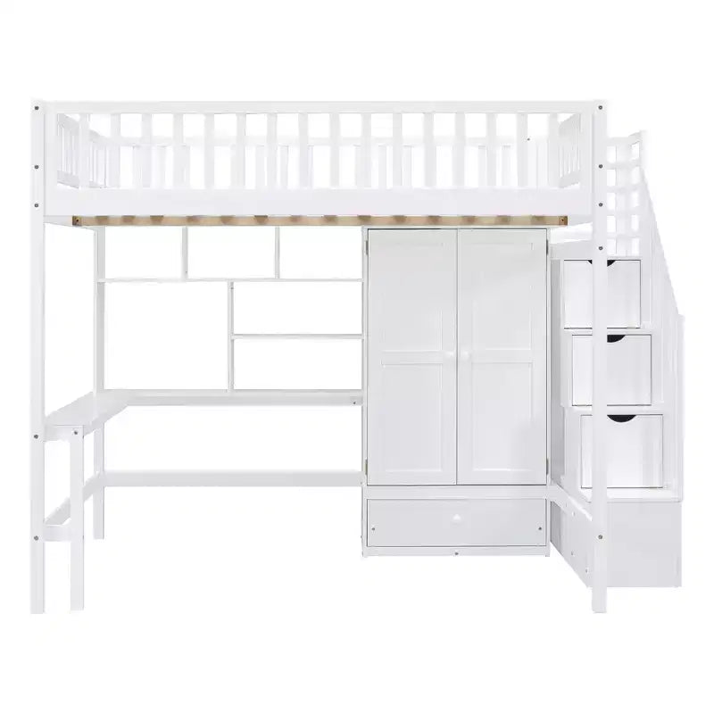 Lit mezzanine pleine taille avec armoire et bureau intégré, cadre de lit mezzanine en bois massif avec escalier et étagère de rangement pour enfants