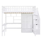 Lit mezzanine pleine taille avec armoire et bureau intégré, cadre de lit mezzanine en bois massif avec escalier et étagère de rangement pour enfants