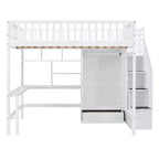 Lit mezzanine pleine taille avec armoire et bureau intégré, cadre de lit mezzanine en bois massif avec escalier et étagère de rangement pour enfants
