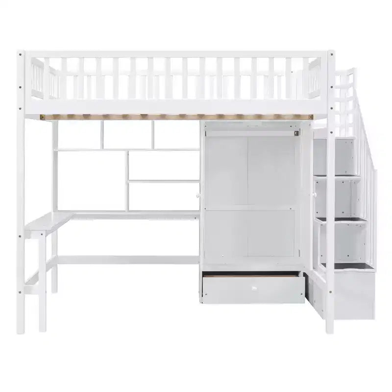Lit mezzanine pleine taille avec armoire et bureau intégré, cadre de lit mezzanine en bois massif avec escalier et étagère de rangement pour enfants