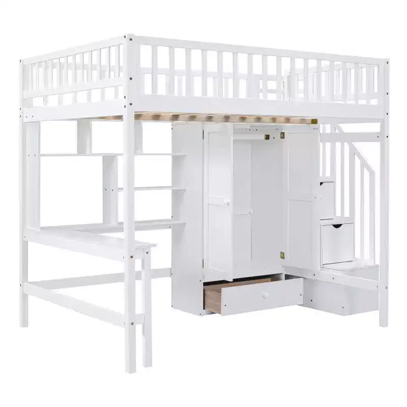 Lit mezzanine pleine taille avec armoire et bureau intégré, cadre de lit mezzanine en bois massif avec escalier et étagère de rangement pour enfants