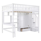 Lit mezzanine pleine taille avec armoire et bureau intégré, cadre de lit mezzanine en bois massif avec escalier et étagère de rangement pour enfants