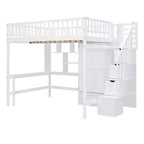 Lit mezzanine pleine taille avec armoire et bureau intégré, cadre de lit mezzanine en bois massif avec escalier et étagère de rangement pour enfants