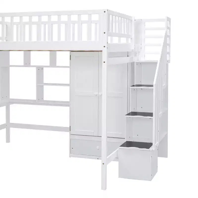 Lit mezzanine pleine taille avec armoire et bureau intégré, cadre de lit mezzanine en bois massif avec escalier et étagère de rangement pour enfants