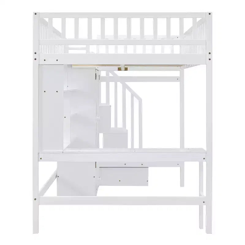 Lit mezzanine pleine taille avec armoire et bureau intégré, cadre de lit mezzanine en bois massif avec escalier et étagère de rangement pour enfants