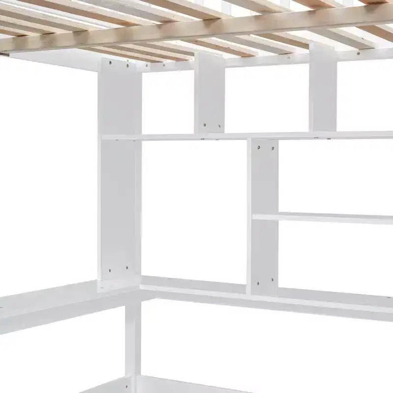 Lit mezzanine pleine taille avec armoire et bureau intégré, cadre de lit mezzanine en bois massif avec escalier et étagère de rangement pour enfants