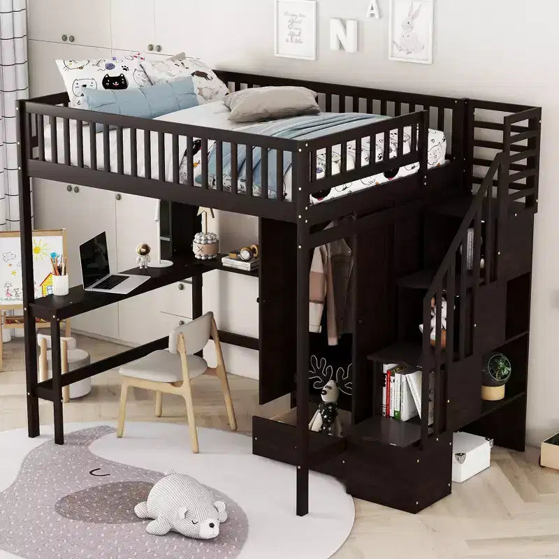 Lit mezzanine pleine taille avec armoire et bureau intégré, cadre de lit mezzanine en bois massif avec escalier et étagère de rangement pour enfants