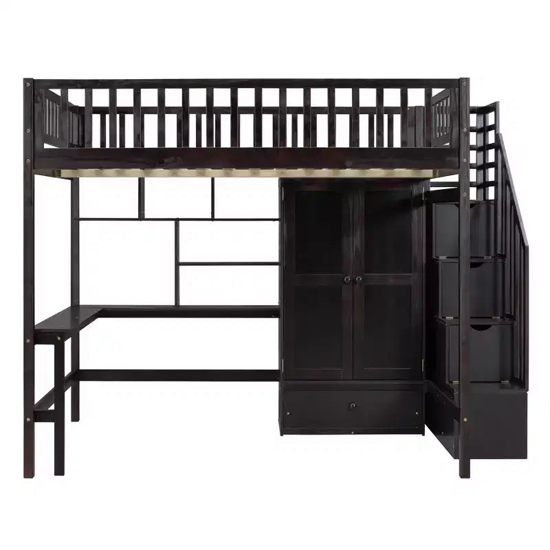 Lit mezzanine pleine taille avec armoire et bureau intégré, cadre de lit mezzanine en bois massif avec escalier et étagère de rangement pour enfants