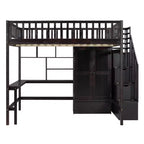 Lit mezzanine pleine taille avec armoire et bureau intégré, cadre de lit mezzanine en bois massif avec escalier et étagère de rangement pour enfants