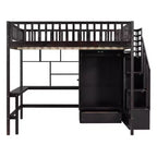 Lit mezzanine pleine taille avec armoire et bureau intégré, cadre de lit mezzanine en bois massif avec escalier et étagère de rangement pour enfants