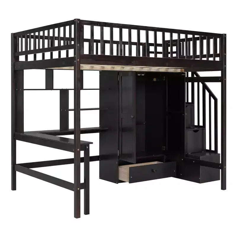 Lit mezzanine pleine taille avec armoire et bureau intégré, cadre de lit mezzanine en bois massif avec escalier et étagère de rangement pour enfants