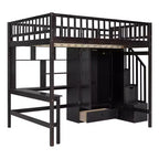 Lit mezzanine pleine taille avec armoire et bureau intégré, cadre de lit mezzanine en bois massif avec escalier et étagère de rangement pour enfants