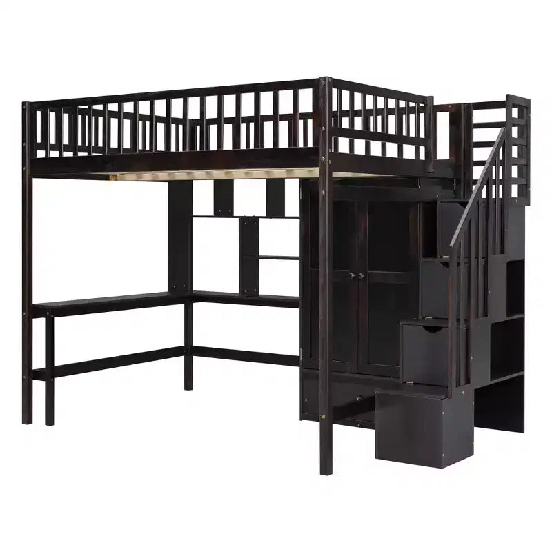 Lit mezzanine pleine taille avec armoire et bureau intégré, cadre de lit mezzanine en bois massif avec escalier et étagère de rangement pour enfants